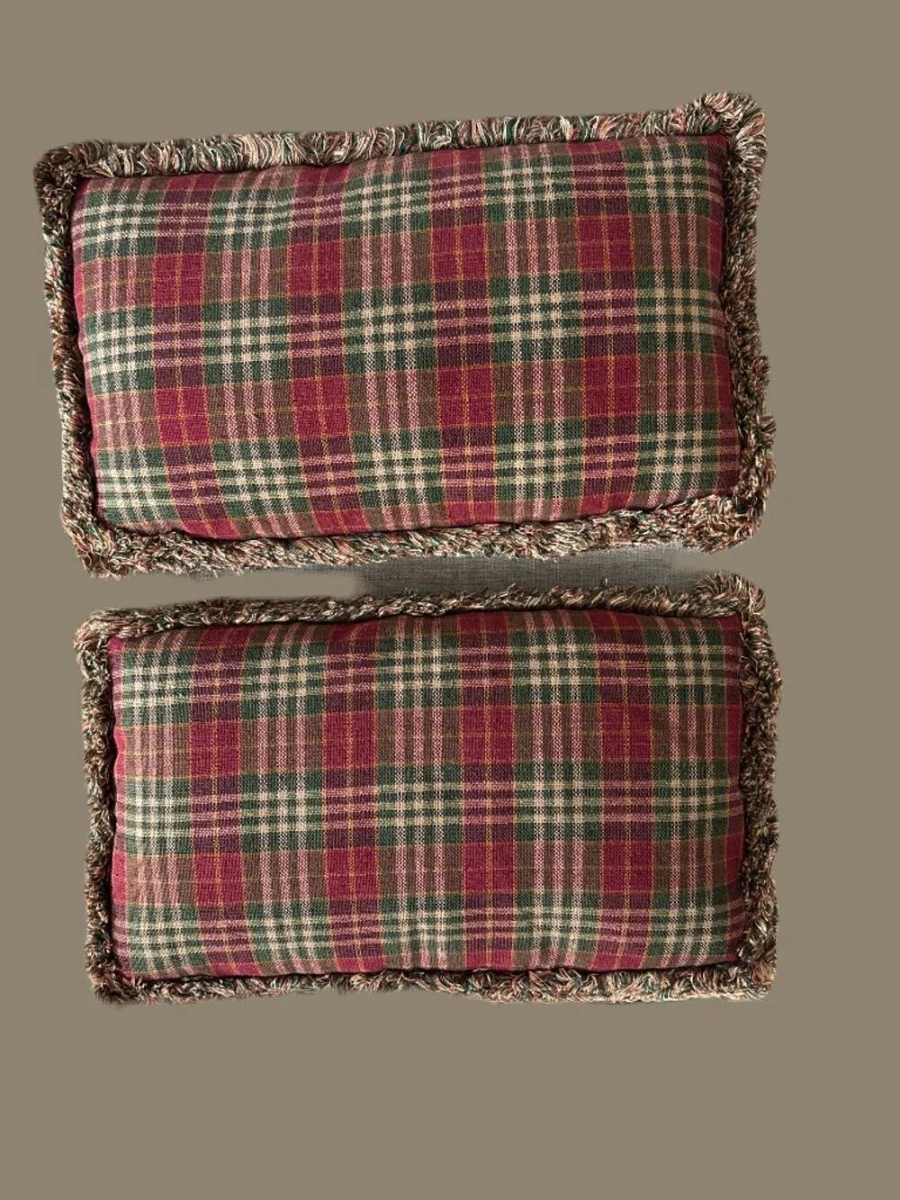 Lumbar Plaid Fringed Pillows in Colors of Burgandy, Green, and Tan